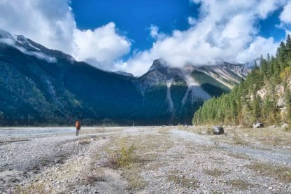 Male hiker trekking through Kinney Flats in shadow of imposing mountain on Berg Lake Trail in Mount Robson Provincial Park