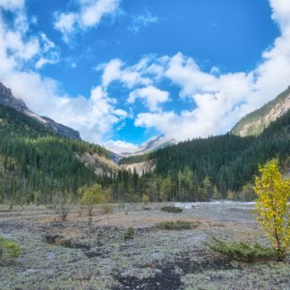 Dried up lake bed Kinney Flats in valley of mountain ranges on sunny day early autumn in Mount Robson Provincial Park